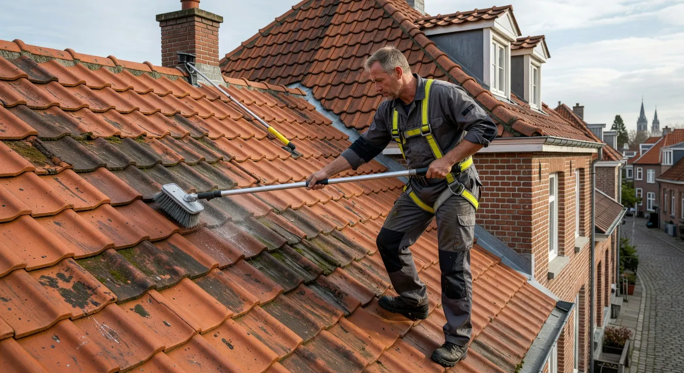 Technicien effectuant un nettoyage toiture avec équipement professionnel