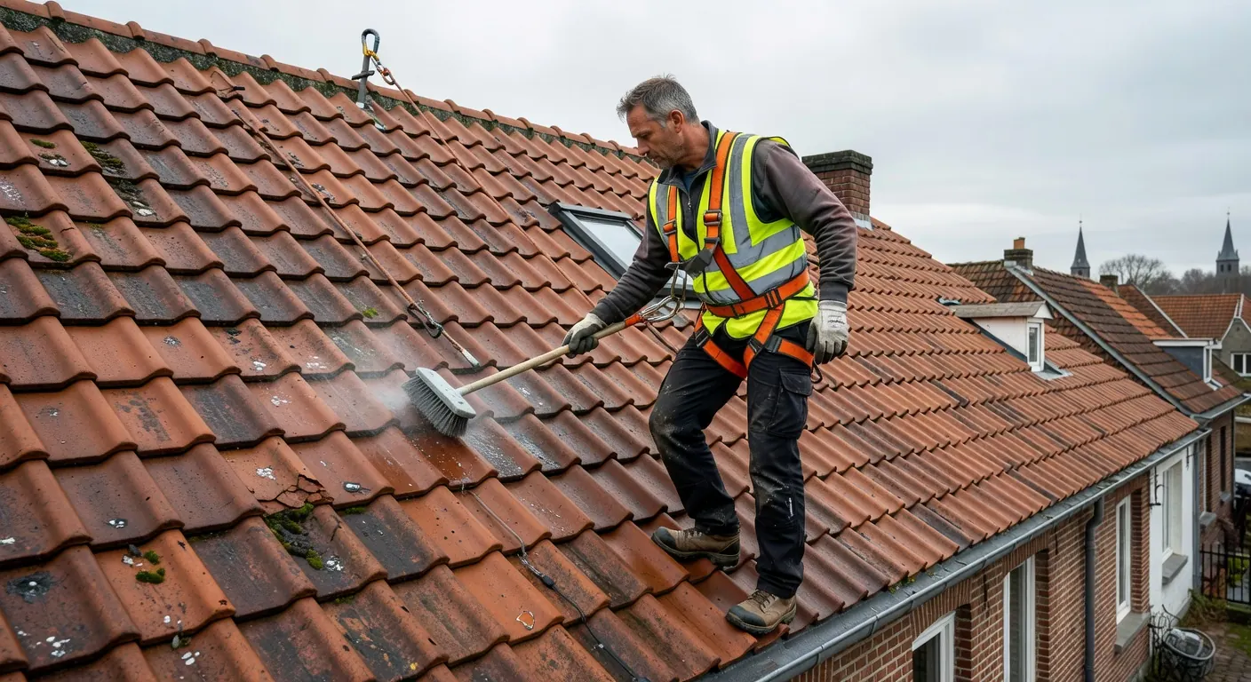 Technicien effectuant un nettoyage toiture avec équipement professionnel
