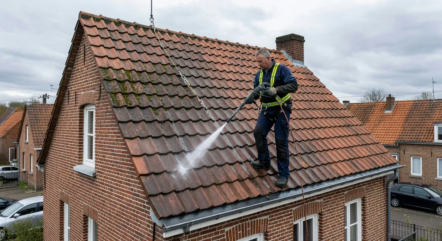 Illustration d'un nettoyage de toiture professionnel au printemps en Belgique