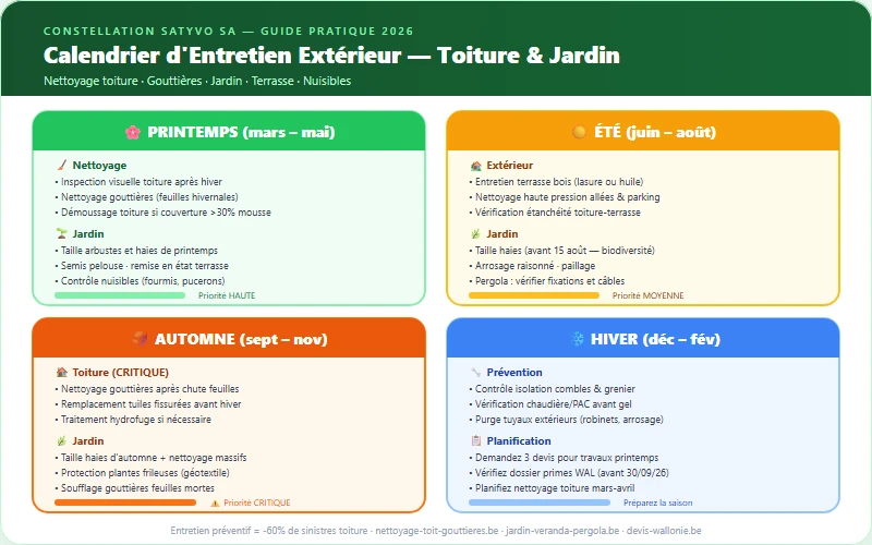 Calendrier entretien toiture et jardin - 4 saisons